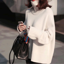 韩国代购新款纯白色宽松打底针织衫套头高领厚休闲毛衣外套女秋冬